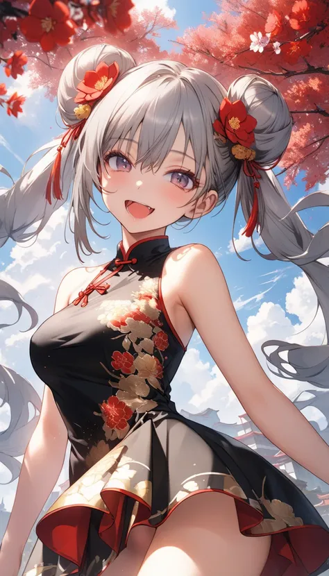 (nsfw:1.5), 1girl, solo, sexy girl, 18 years old, long hair, looking at viewer, happy, hair ornament, hair between eyes, bare shoulders, twintails, Floating hair, large breasts, (cowboy shot:1.5), grey hair, hair ribbon, :d, detached sleeves, hair flower, ...