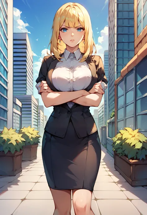 one girl, medium hair, blonde hair, blue eyes,big breasts, hime cut, annoyed, office outfit, standing,standing,crossed arms, city, outdoors, pov from front