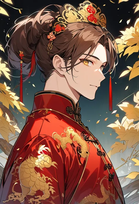 Draw a portrait, one male, adult male, Chinese crown hairpin, middle ponytail hair, brown hair, light yellow eyes, wearing Chinese clothes, red clothes, gold dragon motif on clothes, from side, nature background, falling leafes, 