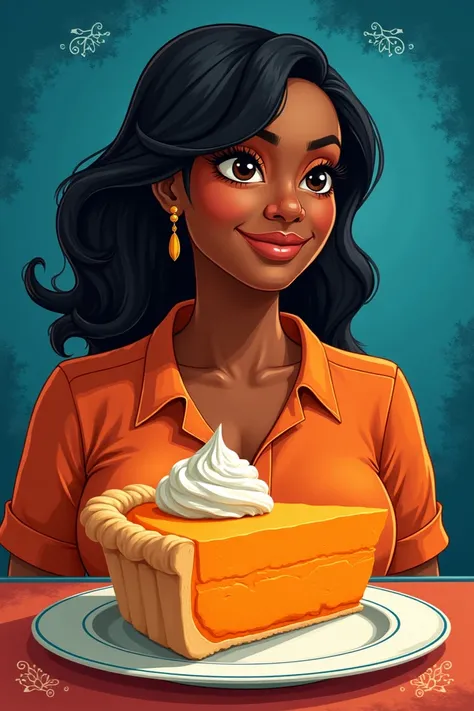  She generates a promotional poster for a sweet potato pie ,  the cook is a slightly overweight woman ,  black hair through the ears , Her name is Nahomy . 
 The main colors of the poster are orange and royal blue