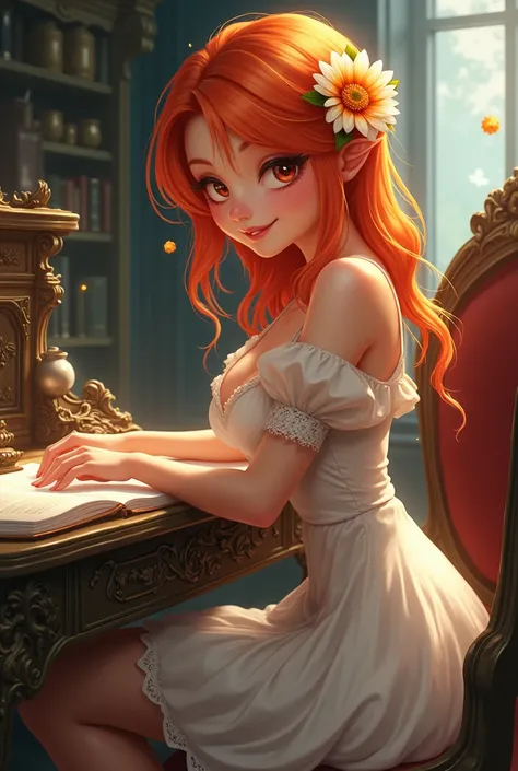 (masterpiece:1.4), (best quality:1.4), fantasy, extremely detailed, intricate, hyper detailed, illustration,soft lighting, 1girl, Orange hair_flower, dress, bend_over , grin, (perfect_face), sitting, desk, ornate, intricate, dramatic lighting, 4k, detailed...