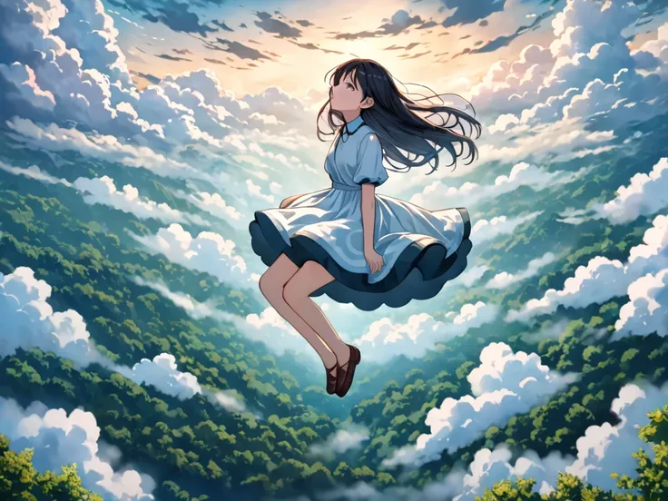 a girl is floating ，depression，in the forest，There is a sea of clouds。，cloudy，Textured clouds