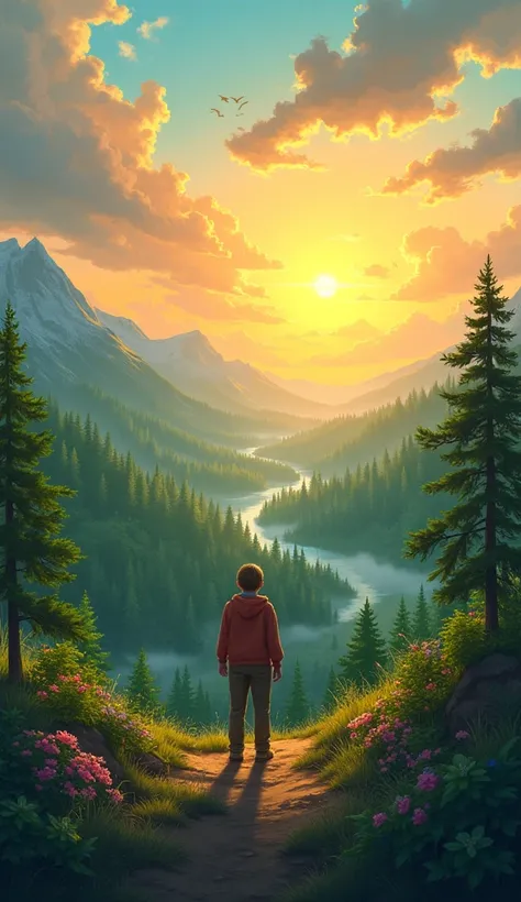 A vibrant, beautiful landscape with clean air, healthy forests, and flourishing wildlife. The main character stands on a hill, looking at the restored forest with a sense of accomplishment and hope for the future. The sun is setting, casting a golden light...