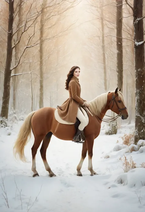 Create an image of a [wintry forest landscape with a beautiful Snow White on a horse]
whimsical, dreamy illustration
with soft pastels and earth tones
and earth tones, detailed textures and delicate
lines. Focus on surreal, expressive elements with a eleme...