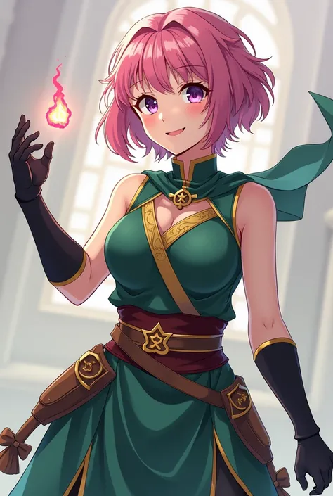 Full body image of anime medieval teenager female magus Timia who has short frizzy pink hair and purple eyes, looks like Momo in To Love-Ru manga, has bigger bust size looks more mature. She is flirty and has a naughty smile on her face. She wears sleevele...