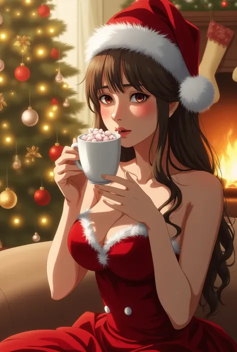 (A beautiful young woman:1.3) celebrating Christmas, wearing a (luxurious red velvet dress:1.4) with white fur trim, a (Santa hat:1.2) slightly tilted on her head. She is sitting by a (cozy fireplace:1.4) decorated with stockings and golden fairy lights. S...