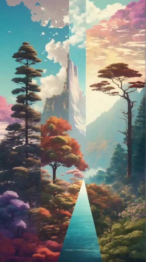 Vertical Landscapes - minimalist psychedelic nature collage art, clear, clean, high resolution, detailed, trending on artstation, Hiroshi Yoshida and Sylvain Sarrailh and N.C. Wyeth and Alena Aenami style