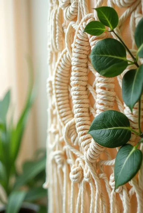 A photo of a weaving macro-style wall with cream background and cream-colored threads with green plants 