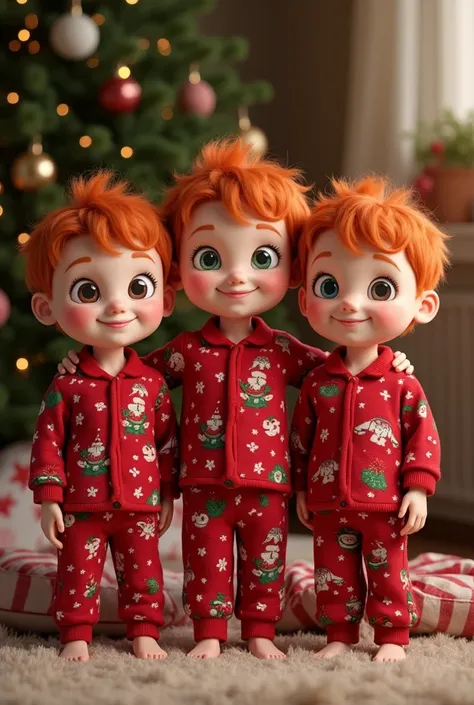 Identical triplets realistic s,The three redheads  ,s, being a red-haired girl with brown eyes , a red-haired boy with blue eyes and another redhead with green eyes,  they all have a sweet and big smile in common ,  wear matching Christmas pajamas 
