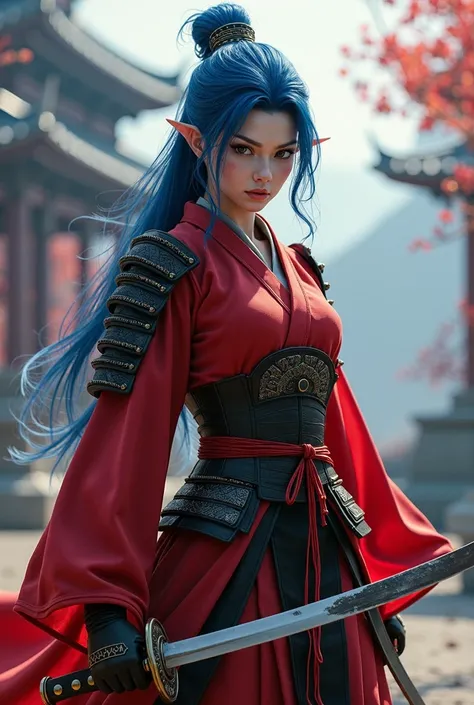 a female character dressed in red samurai clothes and with blue hair, surprised by a sudden increase in her bust