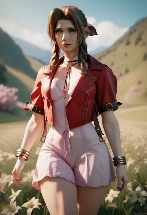  Aerith with big eyes green eyes medium tits abdomen healed thick thighs short dress Pink short red jacket sexy short in the flower field walking in front