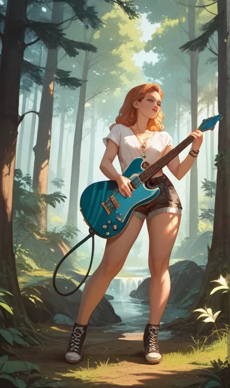 Beautiful woman standing in the forest with electric guitar