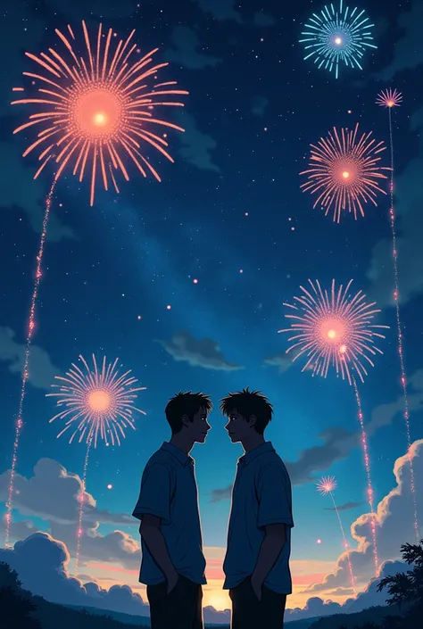 2d, Ghibli style,  In the background the night sky full of fireworks and in the foreground the black and undetailed silhouette of two men, looking very close 