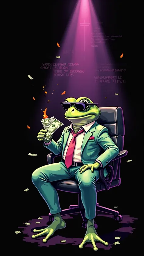 pixel art black frog sit on chair behind PC SYSTEM SET UP, sun glasses , gang style , old money outfit, hold paper of money in hand , burning money,  look at camera , complementary color, chromatic aberration , bright green ,  violet + black and white back...