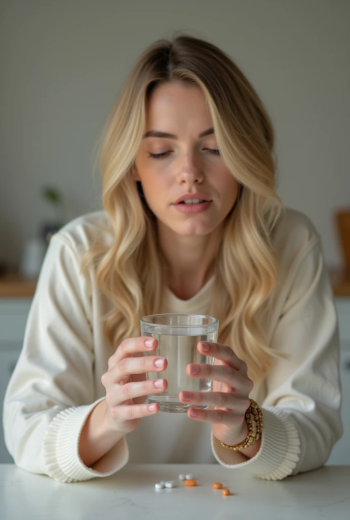 A woman with long blond hair takes a pill with water in a glass real photo