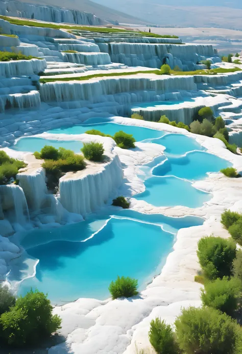 "Create a highly realistic and visually stunning depiction of Pamukkale in Turkey. Show the pristine white travertine terraces cascading down the hillside, glistening under the sunlight. The terraces are filled with crystal-clear turquoise thermal water, r...