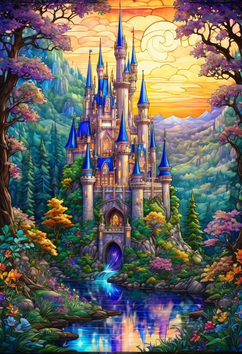 Stained Glass Picture of a Castle in the Forest ,  DISNEY ,  Shutterstock, Process Art, Magic Castle,   Golden Twilight Stained Glass  ,  DISNEYアート,  DISNEY вдохновленный ландшафт, Fantasy Highly detailed, Fantasy Castle,  Vector art by  ,  DISNEYコンセプトアート,...