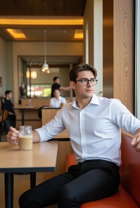 Attractive tall athletic man with glasses, brown hair, white shirt, black pants, blue eyes at a cafe in Westfield NJ.