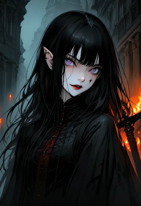 solo, female, loose long black hair, slight hair curls:0.3, straight hair, pale purple eyes, pale skin, vampire, black clothes, fantasy, night, murderous intent, tight practical clothes, sheathed sword, assassin, broad shoulders, fit, elegant, drapes, anci...