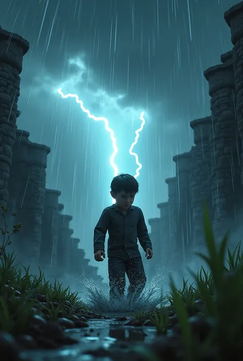 
A boy escaping a Minecraft-style storm 
