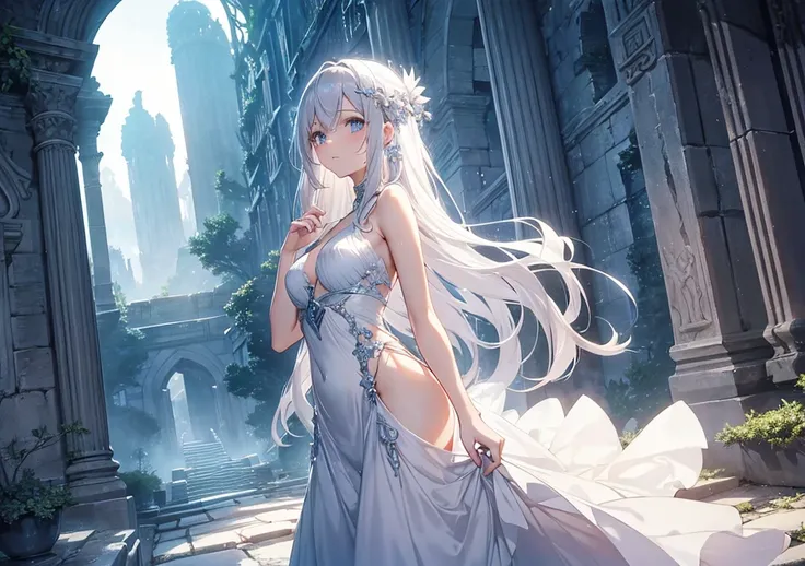 A beautiful girl with silver hair exploring a mystical ruin, her delicate features resembling the uploaded image. She wears a flowing dress that flutters gently as she moves. The atmosphere is soft and dreamy, with glowing vines and ancient carvings in the...