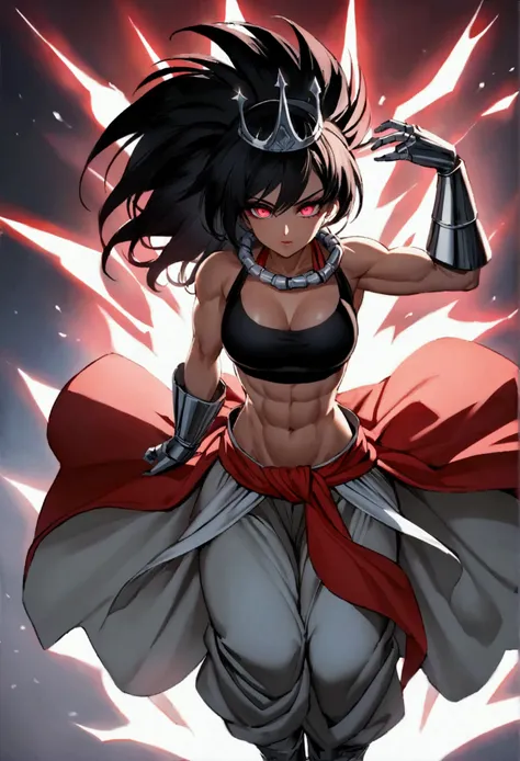 A female Saiyan with very long, wild black hair and a semi-muscular, toned body. She has striking electric blue makeup around her eyes and is wearing a unique outfit: a black tube top, loose gi-style pants, and platinum gauntlets and boots. A red sash is t...