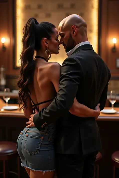 Gorgeous fit big breasted woman in tight denim skirt with high waist, unbuttoned shirt and blazer makes love with bald man in a suit over the bar in a restaurant, Ponytail, From Behind, 