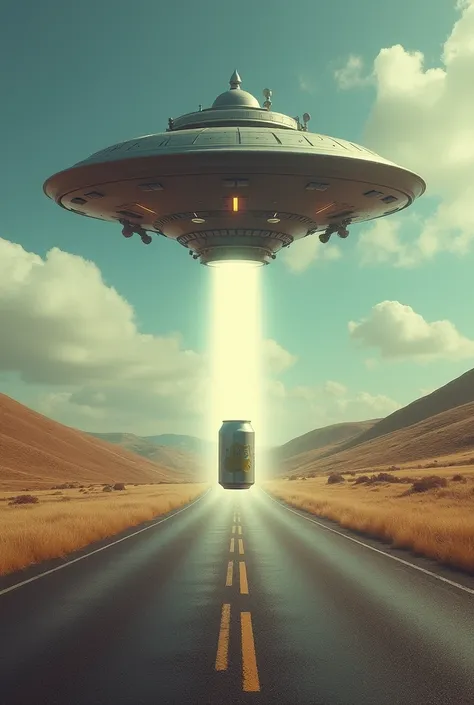 Alien ship abducting a can on a road