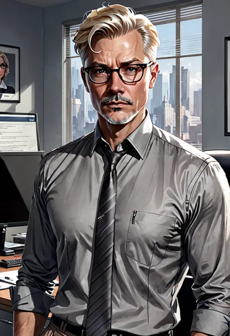 in the style of Charlie Bowater, man (mid-forties), short blond hair, thin lips, serious face, small glasses, Interpol investigator, in his office, shirt with rolled-up sleeves (gray/black), gray trousers, birthmark on chin, 