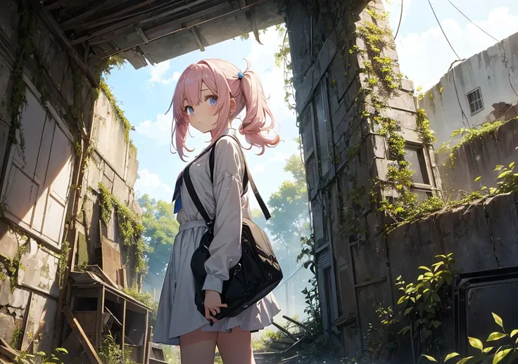 A girl with soft pink hair tied in twin tails, adventuring through an overgrown ruin. Her sparkling anime-style eyes and a gentle expression convey curiosity. The scene features crumbling walls and magical blue light streaming through cracks