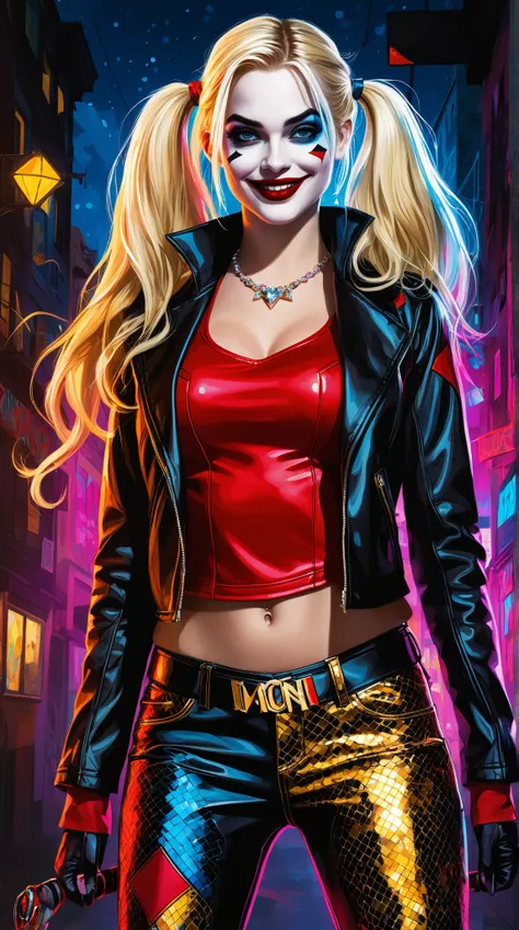 Create a vibrant palette knife oil painting of a more modest yet enchanting Harley Quinn (Dr. Harleen Quinzel) from DC Comics. She stands confidently in a fully clothed, colorful costume with a diamond pattern, featuring long leather pants and a stylish le...