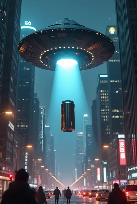 Alien ship abducting a can in a city at night