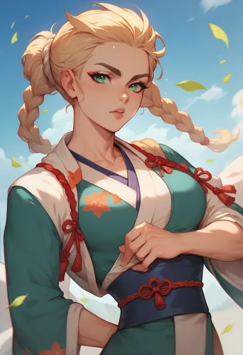 A girl,  blond hair with waist-length braids , And green eyes, firm clear eyebrows on an intense face ,  Toned figure dressed in a sports kimono.