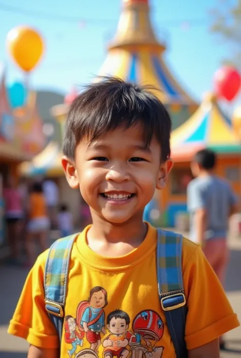 Realistic photo with canon eos r3 camera of a  Thai boy with bright, cheerful and smiling face in a cute outfit. The background is an amusement park