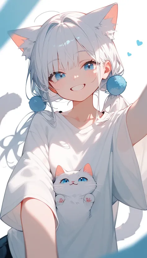 White cat 2 tails,Wear an oversized white shirt, in light blue eyes, smile,pov hugs you 