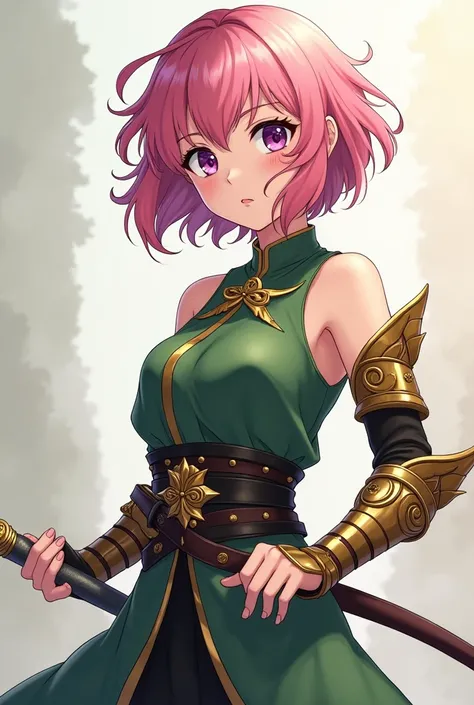 Full body image of anime medieval teenager female Timia who has short frizzy pink hair and purple eyes, looks like Momo in To Love-Ru manga, has bigger bust size looks more mature. She is flirty and has a naughtiness on her face. She wears sleeveless green...