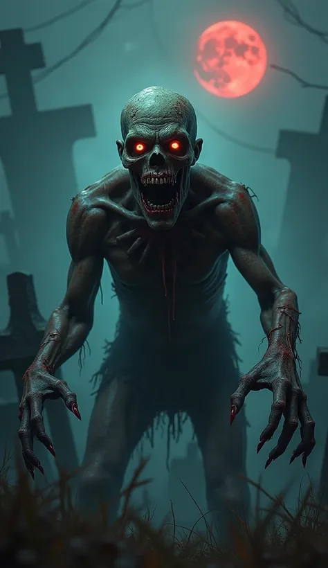 Design a terrifying zombie standing in a dark, misty graveyard. The zombie’s skin is decayed and falling off in places, revealing bone and exposed muscle beneath. Its eyes are hollow, glowing faintly with an eerie, unnatural light. Its mouth is open in a g...