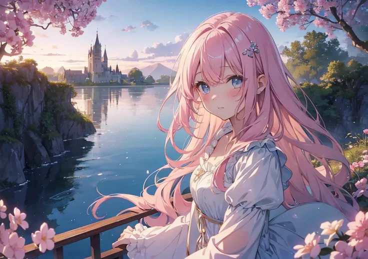 A beautiful girl with soft, pastel pink hair, gazing in awe at a majestic castle floating on water, viewed from a small boat. The scene is ethereal, with soft light reflections on the water, and the girl’s face resembles the uploaded image, featuring delic...