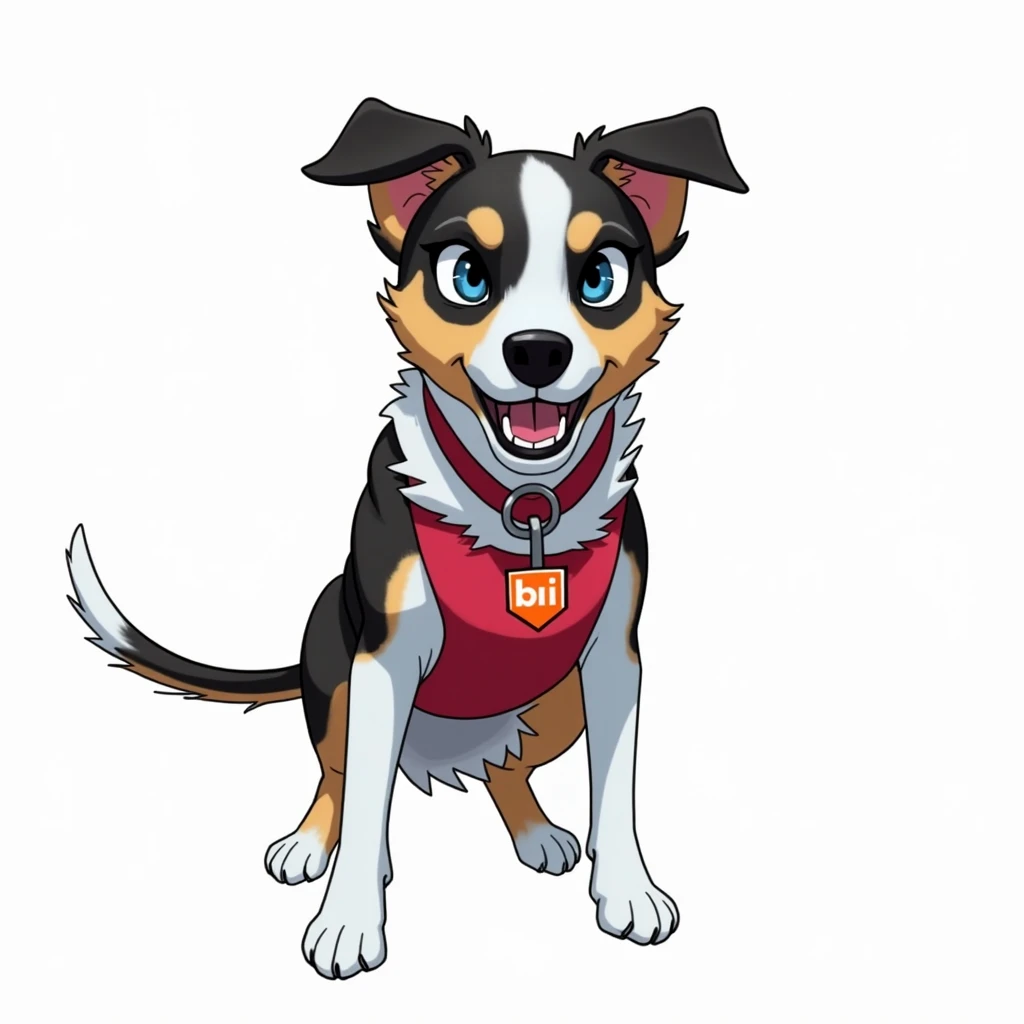 A digital comic-style illustration of an Ovelheiro Gaúcho dog in two different poses: sitting attentively with its mouth open, wearing a red collar with a visible tag that says BNI, and standing in an active pose with its mouth closed, one front paw slight...