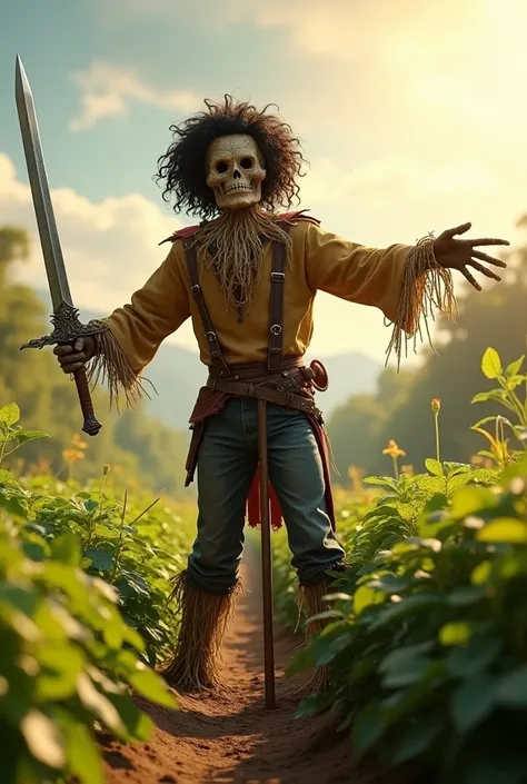 A scarecrow with curly black hair and a sword to protect his plantation
