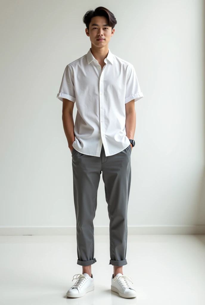 19-year-old man dressed in white shoes, white shirt and gray pants
