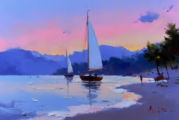  Painting made with a spatula , FIRST WORK, a sailboat in the calm sea ,  at dusk ,  beautiful colors at sunset overlooking the beach with a strip of sand,  mountains in the background , with trees on the edge of the beach.