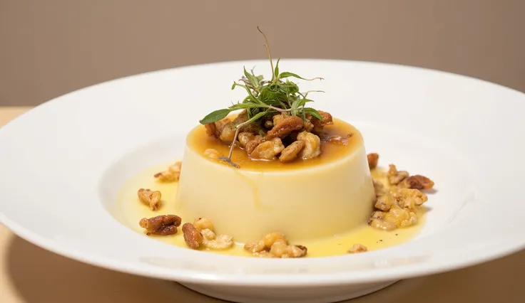 A beautifully plated gourmet dessert with creamy texture, topped with nuts and herbs, perfect for an elegant dining experience