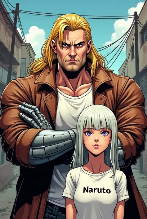  Act as a comic book illustrator and make the bust of a strong man with long blond hair,  with arms crossed , the robotic hands,  dressed in a brown leather overcoat and a black dress shirt .  Next to him a woman with platinum hair and freckles on her face...