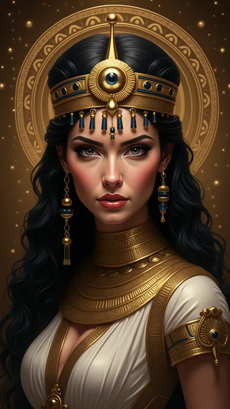 " Portrait of Cleopatra with a decisive expression,  surrounded by Egyptian symbols , like the Ankh and the Eye of Horus ."