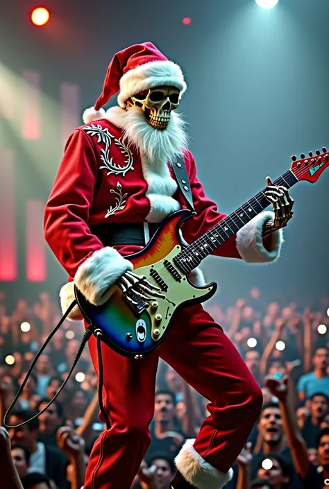 A skeleton dressed as Santa Claus playing electric guitar on a concert stage 