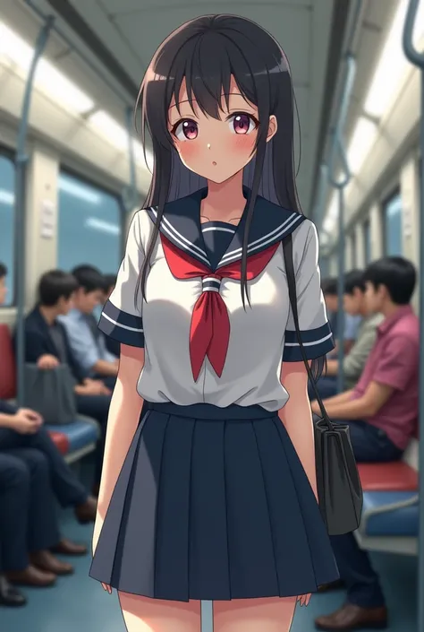 A woman in uniform is standing on the subway, loose coat collar   sailor suit,  Japanese High School Girl Uniforms,  Japanese school uniform , wearing  Japanese school uniform , JK uniform, Seifuku,  hyper-realistic high school girl,  beautiful anime schoo...