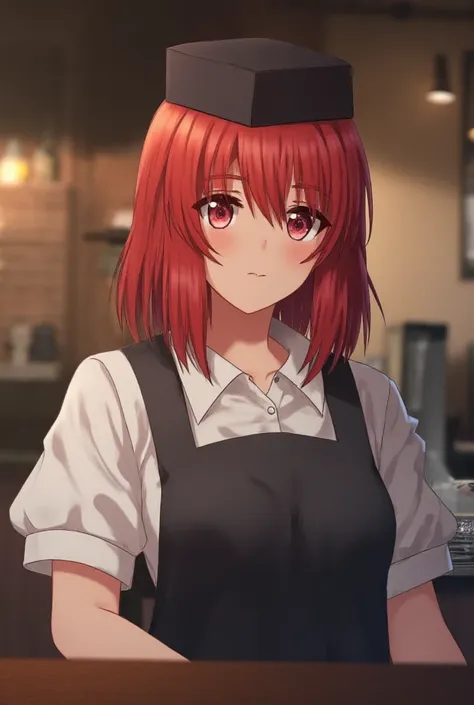 photo of a young girl 20 years old , in a waitress uniform standing in a cafe, Photo up to the waist,  photo like a real , detail, realism,  a girl has red hair under the square
