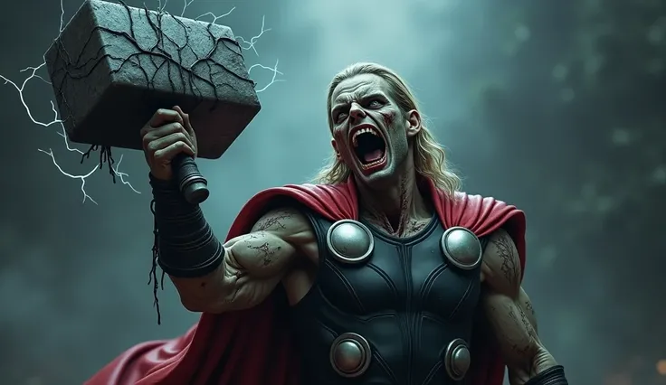 "Thor zombie, with his torn suit ,  lifting a Mjölnir covered in black veins and dark lightning.  His face shows a mixture of anger and emptiness ".