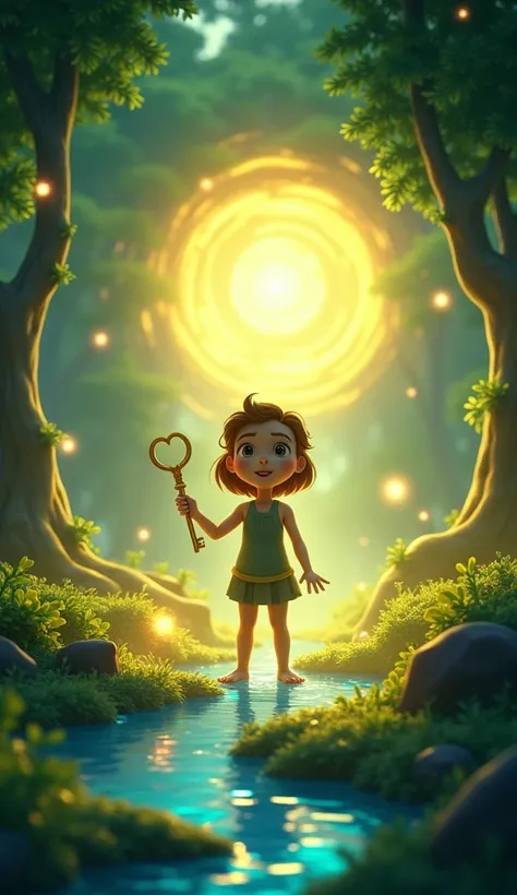 Lila is surrounded by swirling golden light as she is transported to another world.
The scene shows her standing in awe as the light fades, revealing a mystical forest with glowing trees, floating orbs, and a sparkling river.
Her posture is amazed but slig...